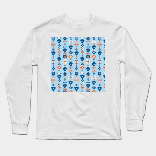 Aztec Tribal Blue Long Sleeve T-Shirt by Sandra Hutter Designs